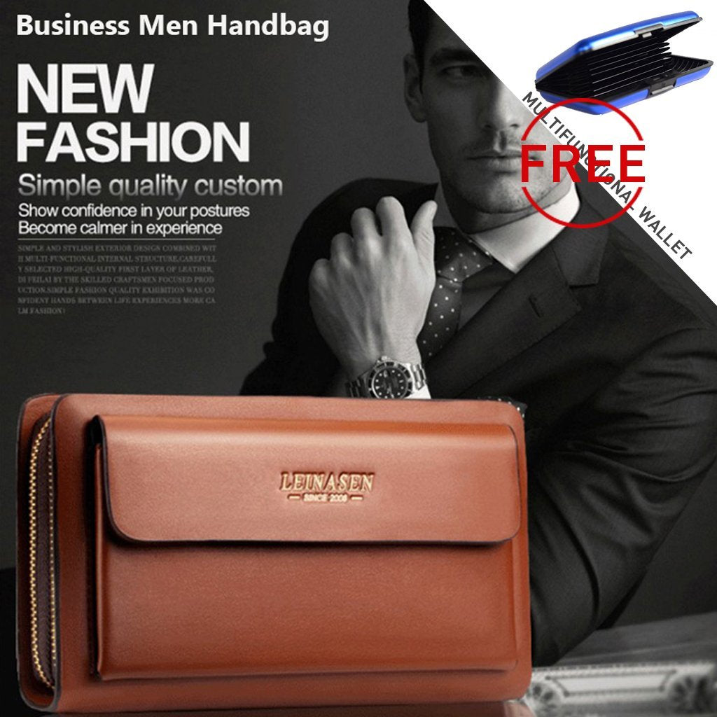 Mens Clutch Bag Handbag Genuine Leather Purse Zipper Long Wallet Business Large Hand Clutch Phone Holder
